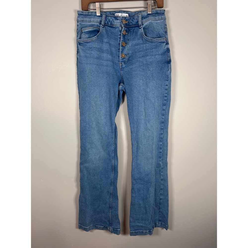 Zara Button Fly Jeans Women 10 Blue High Waisted Straight Leg Casual